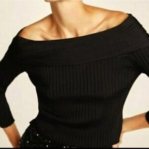 Zara Trafaluc Ribbed Black Off-The -Shoulder Long Sleeve Sweater Crop Top